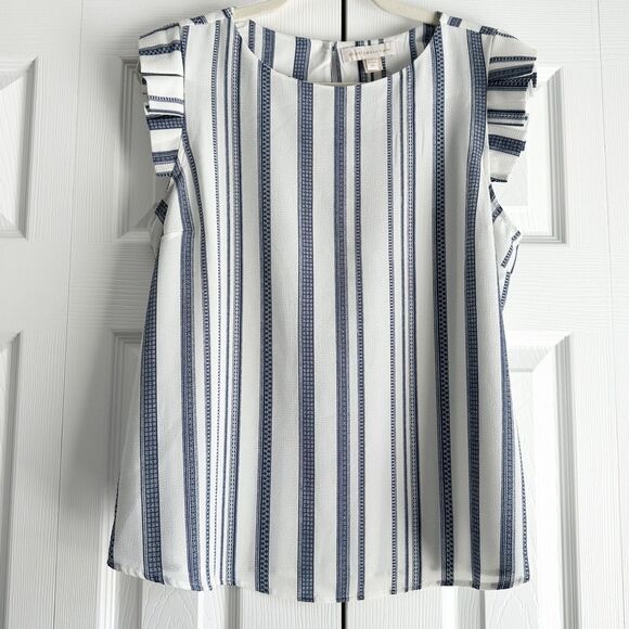 Monteau Sleeveless Blouse Size XL Blue White Stripe Flutter Sleeves - Picture 1 of 10